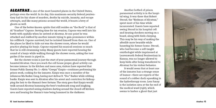 A two-page spread from Schiffer Publishing, Ltd.’s *Dark Tourism California* highlights Alcatraz’s haunted history and chilling tales, paired with a photo of a decaying prison room featuring peeling walls, a bed, and two sinks.