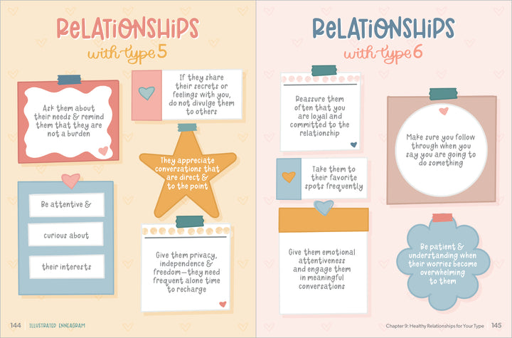 The Illustrated Enneagram from Schiffer Publishing, Ltd. features two pastel pages (144–145) with relationship tips for types 5 and 6 in colored boxes and sticky notes—ideal for self-development and adorned with hearts and soft backgrounds.