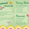 How to Be Happy by Schiffer Publishing, Ltd. is a vibrant tracker with floral and butterfly designs, inspiring positivity with acts of kindness for Loving Kindness and Compassion, each with checkboxes, on a green background with decorative accents.