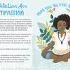 Illustration of a woman meditating cross-legged among green leaves with floral accents, featuring "May you be free of suffering" in blue font—Schiffer Publishing, Ltd's "How to Be Happy" inspires kindness and a positive mindset.