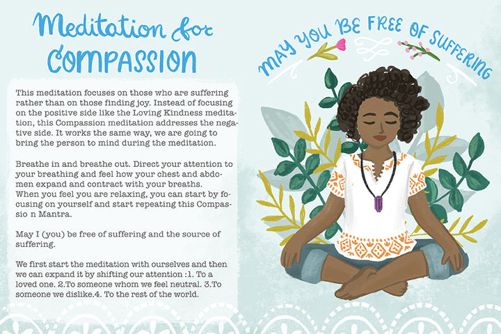 Illustration of a woman meditating cross-legged among green leaves with floral accents, featuring "May you be free of suffering" in blue font—Schiffer Publishing, Ltd's "How to Be Happy" inspires kindness and a positive mindset.