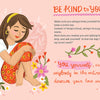 A smiling girl with long brown hair sits among colorful flowers, hugging her knees. Next to her, inspirational quotes on kindness and self-love from "How to Be Happy" by Schiffer Publishing, Ltd. add encouragement and joy.