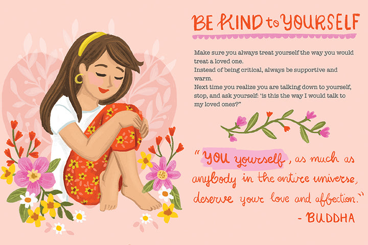 A smiling girl with long brown hair sits among colorful flowers, hugging her knees. Next to her, inspirational quotes on kindness and self-love from "How to Be Happy" by Schiffer Publishing, Ltd. add encouragement and joy.