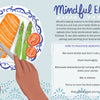 An illustration from Schiffer Publishing, Ltd.'s "How to Be Happy" shows hands enjoying salmon, asparagus, and tomatoes with a fork and knife, alongside mindful eating tips that foster positivity, all on a blue patterned background.