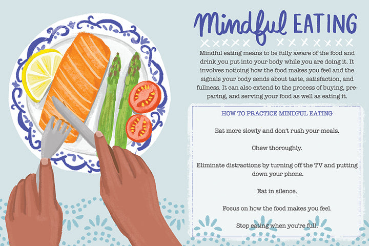 An illustration from Schiffer Publishing, Ltd.'s "How to Be Happy" shows hands enjoying salmon, asparagus, and tomatoes with a fork and knife, alongside mindful eating tips that foster positivity, all on a blue patterned background.