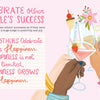 Illustration from Schiffer Publishing, Ltd.’s "How to Be Happy" shows three hands toasting cocktails, with text encouraging kindness in celebrating others’ happiness—reminding us that happiness grows when we share it. Bright colors and festive decorations set the mood.