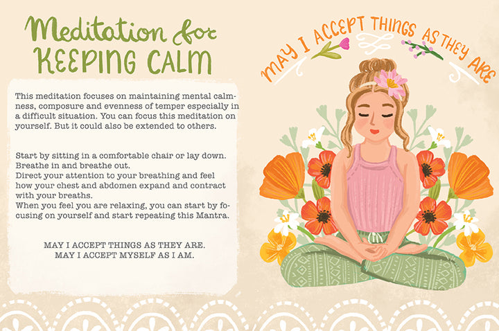 Illustration from "How to Be Happy" by Schiffer Publishing, Ltd.: a woman meditates among flowers. The text encourages self-acceptance—"May I accept things as they are. May I accept myself as I am"—reminding us that calm and acceptance are self-kindness.