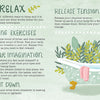 How to Be Happy by Schiffer Publishing, Ltd. offers illustrated relaxation tips: starting with Relax, try breathing exercises, use imagination, and write things down for positivity. A vintage white tub with plants appears on a soft green background.