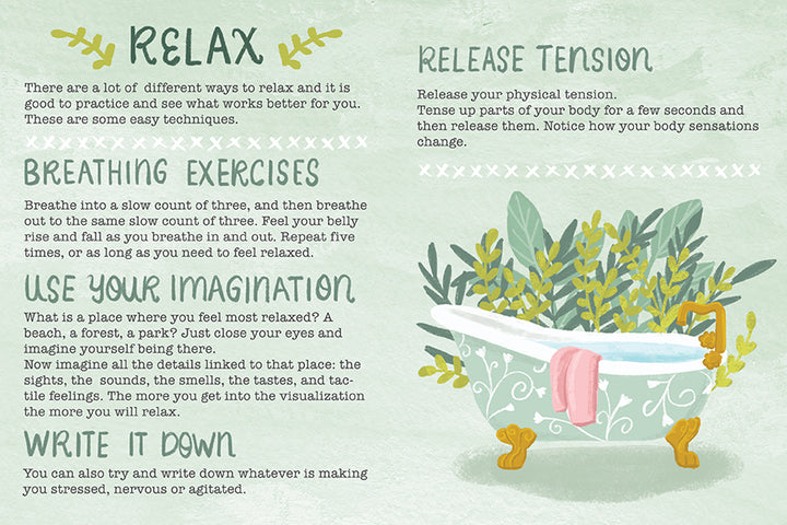 How to Be Happy by Schiffer Publishing, Ltd. offers illustrated relaxation tips: starting with Relax, try breathing exercises, use imagination, and write things down for positivity. A vintage white tub with plants appears on a soft green background.