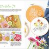 A spread from the embroidery book "Sunny Stitches" by Schiffer Publishing, Ltd. features beginner projects: the left page details hoops, threads, and fabric; the right showcases finished hoops, a floral denim jacket, and embroidered flowers.