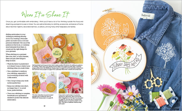 A spread from the embroidery book "Sunny Stitches" by Schiffer Publishing, Ltd. features beginner projects: the left page details hoops, threads, and fabric; the right showcases finished hoops, a floral denim jacket, and embroidered flowers.