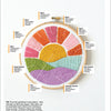 The Sunny Stitches embroidery hoop by Schiffer Publishing, Ltd. features a vibrant stitched sun and landscape labeled by stitch type—rays, sun, green hills, blue sky, and lavender—with instructions included for beginners.