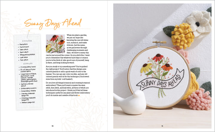 The open embroidery book "Sunny Stitches" by Schiffer Publishing, Ltd. displays a floral "Sunny Days Ahead" pattern with stitched flowers and a banner, plus felt flowers and a bird figurine—perfect for beginner embroidery projects.