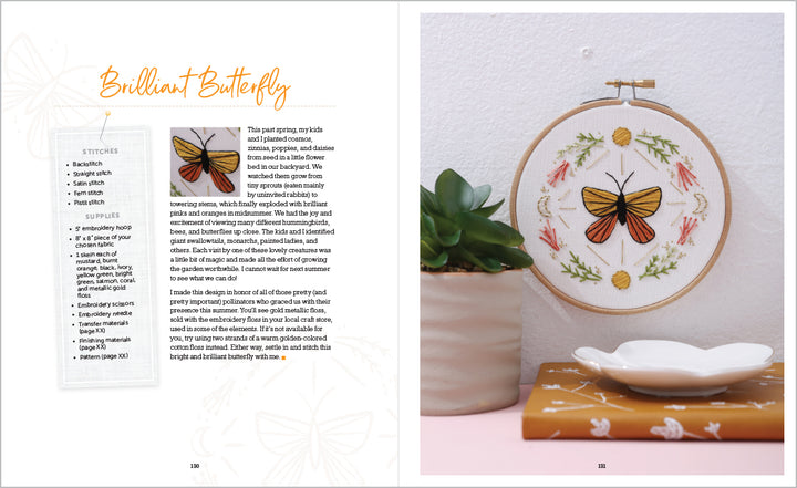 Sunny Stitches by Schiffer Publishing, Ltd. features a vibrant butterfly and floral embroidery hoop displayed beside a potted succulent and embroidery book with clear instructional text and stitch guide, ideal for beginner embroidery projects.