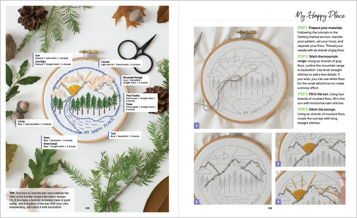 A flat lay showcases Sunny Stitches by Schiffer Publishing, Ltd., featuring beginner embroidery supplies, a finished mountain scene hoop, skeins of floss, scissors, pinecones, fern leaves, and step-by-step project instructions on the right.