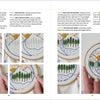 Sunny Stitches by Schiffer Publishing, Ltd. features a step-by-step embroidery tutorial for beginners, teaching how to stitch a landscape with trees, mountains, sun, and clouds in a small hoop with clear instructions and numbered photos.