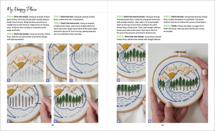 Sunny Stitches by Schiffer Publishing, Ltd. features a step-by-step embroidery tutorial for beginners, teaching how to stitch a landscape with trees, mountains, sun, and clouds in a small hoop with clear instructions and numbered photos.