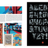 A magazine spread for Schiffer Publishing, Ltd.'s Modern Calligraphy Bible showcases creative lettering—each letter an intricate design on black—and a photo, biography, and four abstract artworks by artist Clément Laurent.