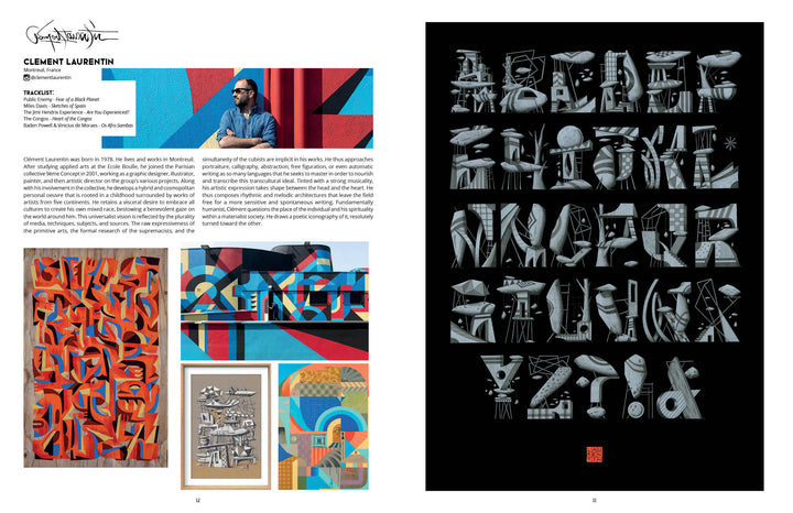 A magazine spread for Schiffer Publishing, Ltd.'s Modern Calligraphy Bible showcases creative lettering—each letter an intricate design on black—and a photo, biography, and four abstract artworks by artist Clément Laurent.