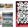 A magazine spread showcases the Modern Calligraphy Bible by Schiffer Publishing, Ltd. The left page presents the author’s bio, a dog, and four vibrant calligraphy samples; the right page highlights bold white lettering outlined in black and red on a black background.