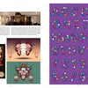 A two-page art spread in the Modern Calligraphy Bible by Schiffer Publishing, Ltd.: the left page shows pixel art, murals, and illustrated masks by MNK Crew; the right displays a playful alphabet and numbers in pill shapes on purple.