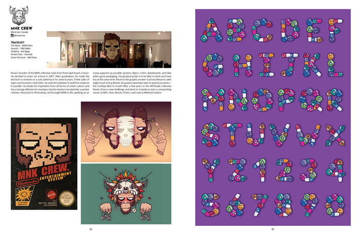 A two-page art spread in the Modern Calligraphy Bible by Schiffer Publishing, Ltd.: the left page shows pixel art, murals, and illustrated masks by MNK Crew; the right displays a playful alphabet and numbers in pill shapes on purple.