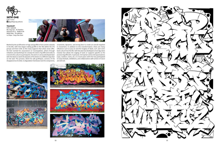 A magazine spread showcases art from the Modern Calligraphy Bible by Schiffer Publishing, Ltd., with a left page featuring a portrait, artist bio, and murals, and a right page of intricate black-and-white calligraphy designs.