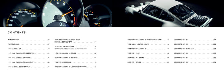 Close-up of a car speedometer on the left, an overhead view of a white Porsche with a visible engine on the right, and a table of contents for "Air & Water" by Schiffer Publishing, Ltd. listing rare Porsche cars at the Saratoga Automobile Museum in the center.