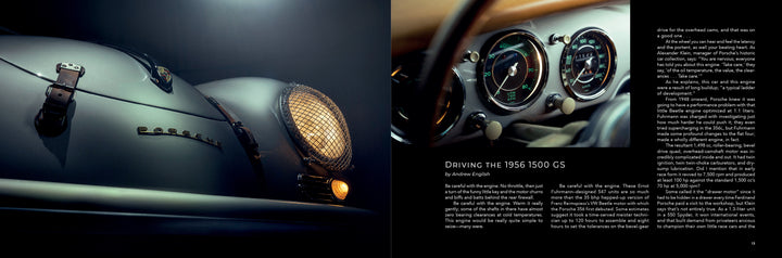 On the left page, Air & Water by Schiffer Publishing, Ltd. shows a close-up of a vintage Porsche’s front grille and headlight; on the right, the car’s dashboard gauges and an article about driving rare Porsches appear on a black background.