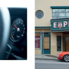 A collage of rare Porsche cars from "Air & Water" by Schiffer Publishing, Ltd. features a speedometer close-up, a blurred steering wheel, and a red Porsche #35 before an old theater with an EMPIRE sign, evoking the Saratoga Automobile Museum.