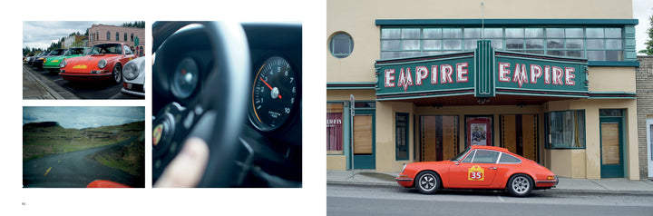 A collage of rare Porsche cars from "Air & Water" by Schiffer Publishing, Ltd. features a speedometer close-up, a blurred steering wheel, and a red Porsche #35 before an old theater with an EMPIRE sign, evoking the Saratoga Automobile Museum.