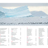 A large iceberg with blue streaks floats in Arctic waters as numerous birds glide above the sea; snowy terrain and distant polar mountains form the background. "The North" by Schiffer Publishing, Ltd., title and coordinates appear below the image.