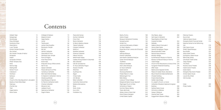 The two-page table of contents in Monumental by Schiffer Publishing, Ltd. lists dish names and page numbers in multi-column format under “Contents,” set against a minimal white background for a clean, elegant photo book aesthetic.
