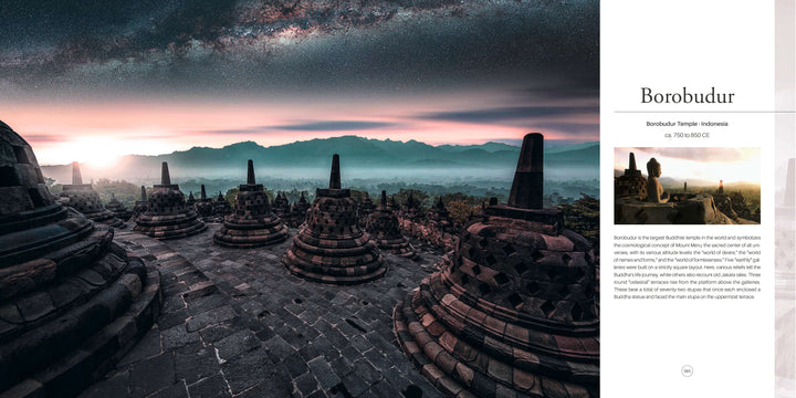 Experience "Monumental" by Schiffer Publishing, Ltd.—a stunning capture of Borobudur Temple at dawn, featuring ancient stone stupas, misty forests, and a starry sky—an ideal highlight for any photo book.