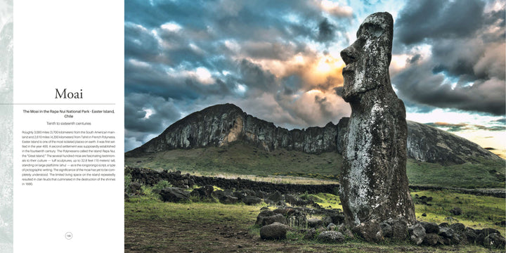Monumental" by Schiffer Publishing, Ltd. features a massive stone moai statue on Easter Island, standing on grassy land with a mountain and dramatic, cloudy sky in the background.