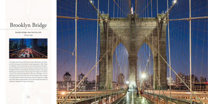 Monumental" by Schiffer Publishing, Ltd. captures the Brooklyn Bridge at night, its illuminated cables and stone arches extending into the distance amid city lights and skyscrapers beneath a clear, dark blue sky.