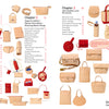 Contents page for "Leathercrafting DIY" by Schiffer Publishing, Ltd., showing images of beginner projects—wallets, bags, pouches—arranged around chapter headings and red page numbers on a white background.