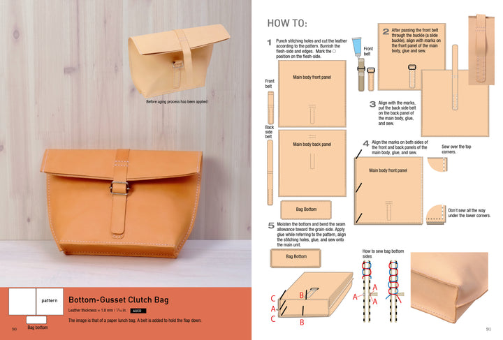 A tan leather clutch bag rests on a light wooden surface beside Leathercrafting DIY by Schiffer Publishing, Ltd., a step-by-step guide with labeled diagrams and instructions—ideal for beginner leather crafting enthusiasts.