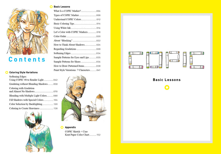 The contents page of "How to Render Attractive Characters with COPIC Markers" by Schiffer Publishing, Ltd. features manga illustrations, a vibrant table of contents, and “COPIC” spelled in marker shapes—great for character creation!.