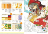 A girl with gray hair, green eyes, and a floral red hooded cloak holds daisies. The left side shows manga techniques, fabric swatches, and text on character creation with COPIC markers from "How to Render Attractive Characters with COPIC Markers" by Schiffer Publishing, Ltd.