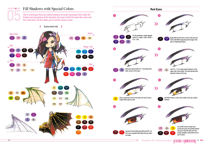 How to Render Attractive Characters with COPIC Markers" by Schiffer Publishing, Ltd. teaches manga techniques for filling shadows and coloring anime eyes and wings, with step-by-step red eye tutorials and succubus character creation tips.