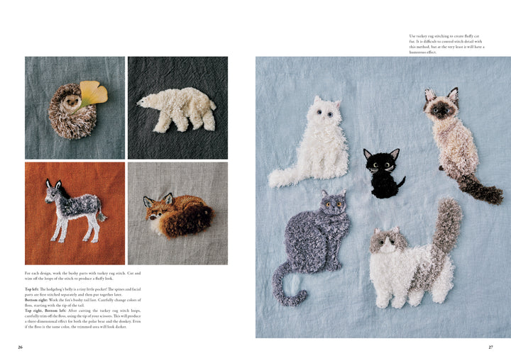 Juno's Nature Embroidery Notebook by Schiffer Publishing, Ltd. showcases seven textured, embroidered animals—including cats, a fox, a wolf, and a hedgehog—on colorful fabric backgrounds inspired by nature patterns.