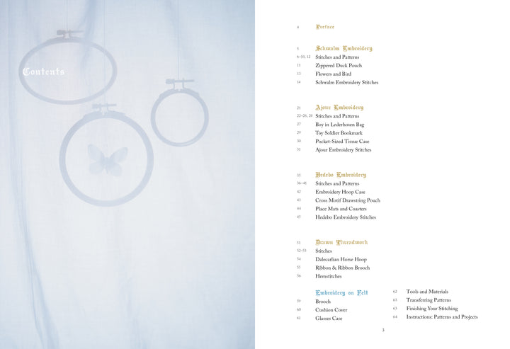 On the left, a soft translucent white curtain with embroidery hoops and a butterfly hangs; on the right, "Whitework Embroidery" by Schiffer Publishing, Ltd. displays a clean table of contents listing whitework and needlework project sections.