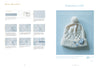 Whitework Embroidery by Schiffer Publishing, Ltd. is displayed on a light blue background with a cream knitted hat featuring a pom-pom, blue and white buttons, and whitework embroidery. Embroidery stitch instructions are shown on the left side.
