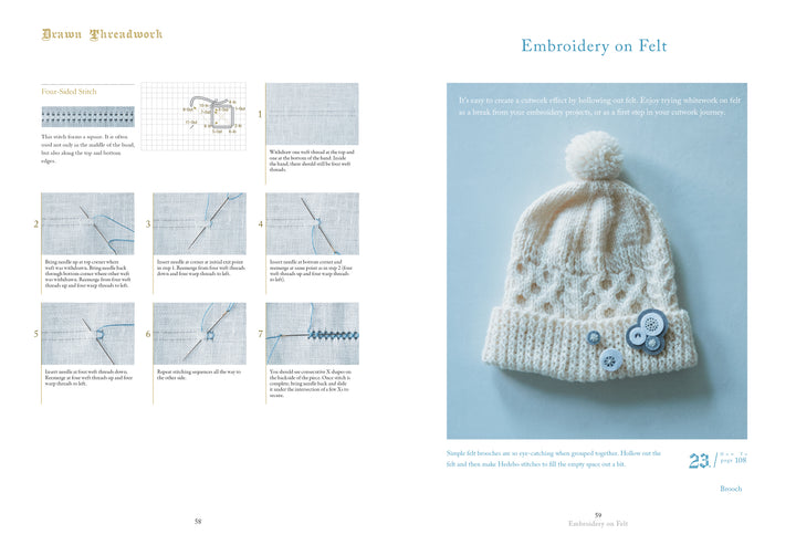 Whitework Embroidery by Schiffer Publishing, Ltd. is displayed on a light blue background with a cream knitted hat featuring a pom-pom, blue and white buttons, and whitework embroidery. Embroidery stitch instructions are shown on the left side.