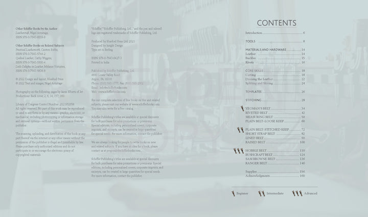 Table of contents page from "A Guide to Making Leather Belts with 12 Complete Projects" by Schiffer Publishing, Ltd., listing chapters on tools, materials, techniques, and belt projects with a subtle workshop background and text on the left.