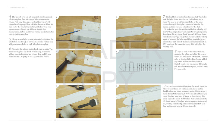 A Guide to Making Leather Belts with 12 Complete Projects by Schiffer Publishing, Ltd. features leather crafting tools, paper patterns, ruler, mallet, and hole punch on a wooden table, plus four pages of detailed instructions.