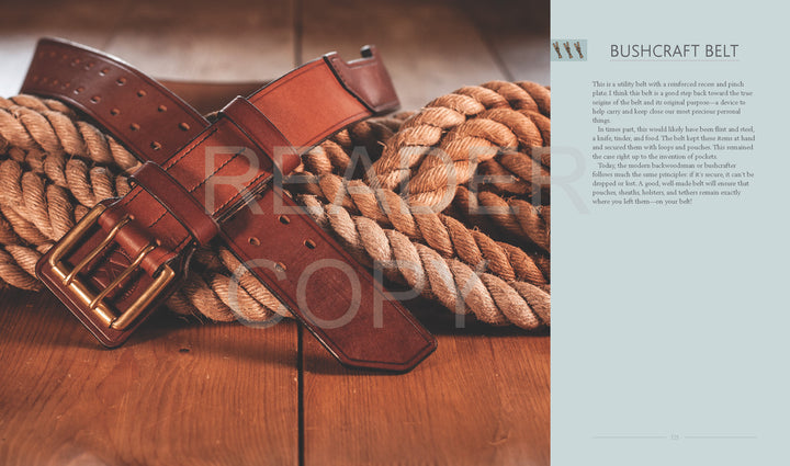 The book "A Guide to Making Leather Belts with 12 Complete Projects" by Schiffer Publishing, Ltd. is displayed on a wooden surface beside coiled tan ropes; its description appears on the right against a light background.