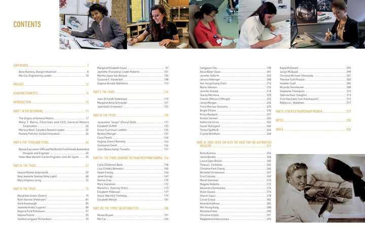 A table of contents in The Women of General Motors by Schiffer Publishing, Ltd. features six photos of women at desks and lists sections highlighting female automotive designers and their achievements.
