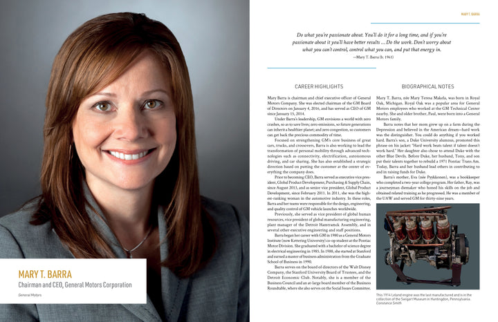 On the left is a professional portrait of Mary T. Barra, Chairman and CEO of General Motors. On the right are her career highlights, bio, quote, and a black-and-white engine image from "The Women of General Motors" by Schiffer Publishing, Ltd.